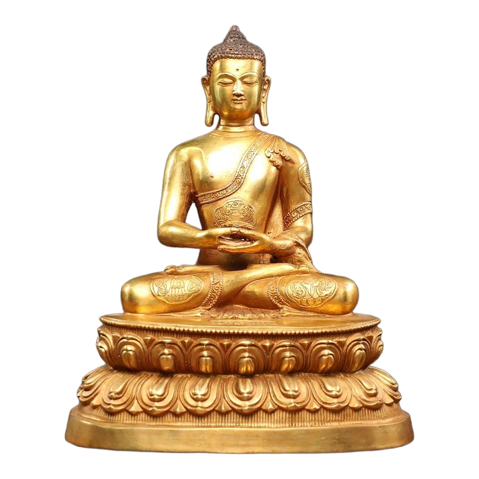 Gilt Copper Tathagata Buddha Statue, Seated on Double Lotus Base | Chairish