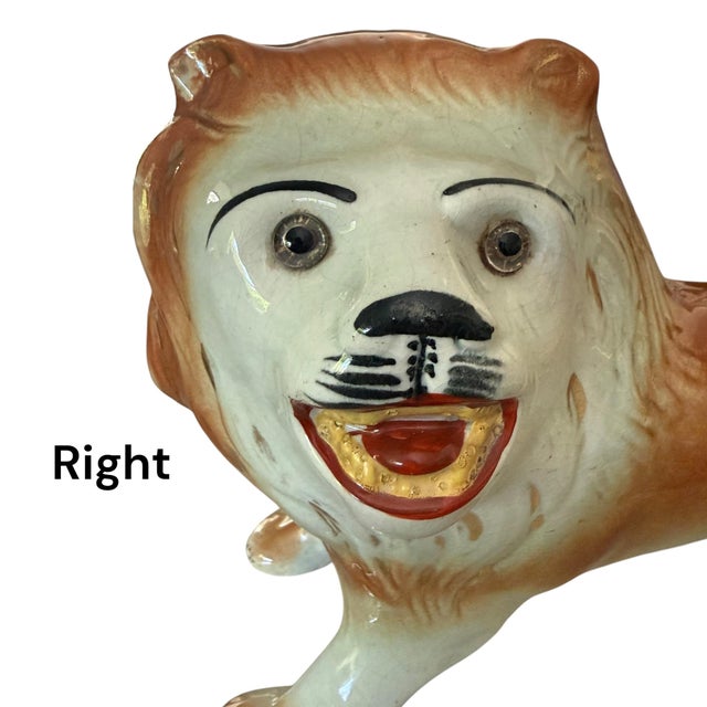Pair of Large Victorian Staffordshire Pottery Lions With Glass Eyes, C. 1880–1900 For Sale - Image 10 of 15