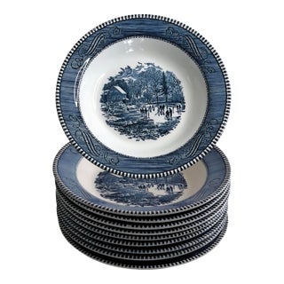Currier & Ives Blue by Royal 8.5" Rimmed Cereal Soup Bowl Early Winter Set of 10 For Sale