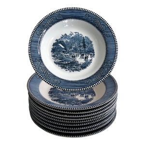 Currier & Ives Blue by Royal 8.5" Rimmed Cereal Soup Bowl Early Winter Set of 10