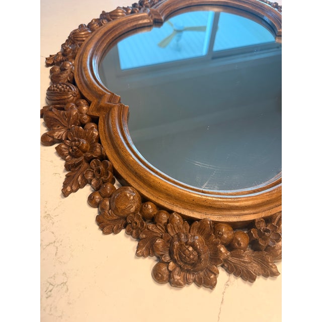 Vintage Walnut Carved Fruit, Nut & Floral Quatrefoil Wall Mirror - 24x30 For Sale In Charleston - Image 6 of 9