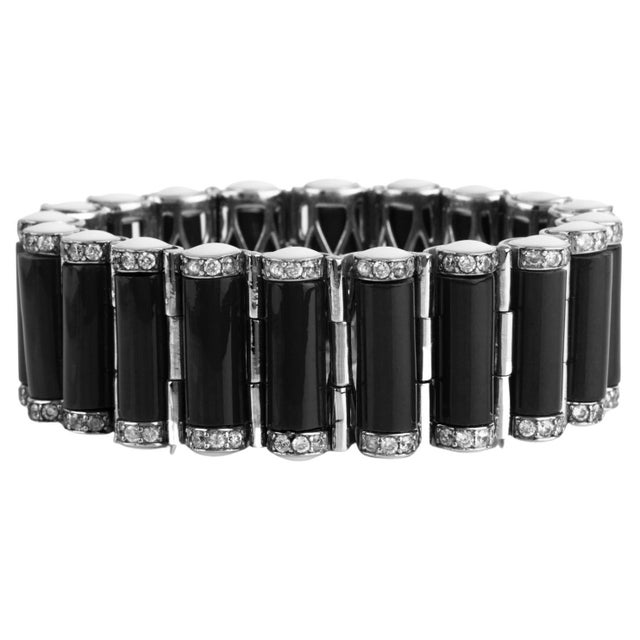 Miriam Salat Caterpillar Silver and Resin Noir Deco Bracelet With White Topaz For Sale - Image 12 of 12