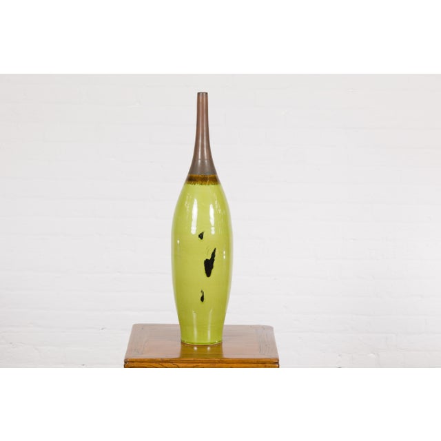 Early 21st Century Artisan Handmade Lime Green Glazed Ceramic Vase with Brown Neck For Sale - Image 12 of 12