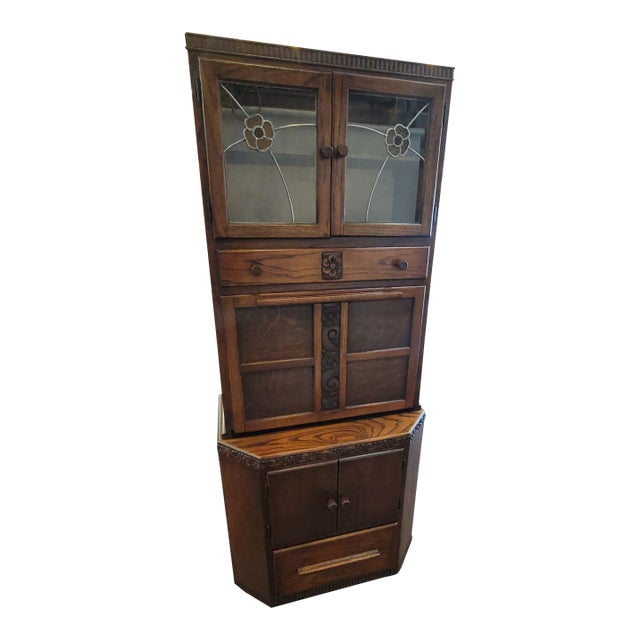 Antique Maidsaver Lusty Hoosier Kitchen Cabinet Carved Oak With Stained Glass Doors For Sale