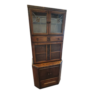 Antique Maidsaver Lusty Hoosier Kitchen Cabinet Carved Oak With Stained Glass Doors
