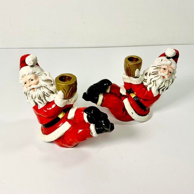 1950s Vintage Americana Boho Chic Whimsical Kick-Backed Santa Candle Holders - A Pair, Christmas For Sale - Image 11 of 11