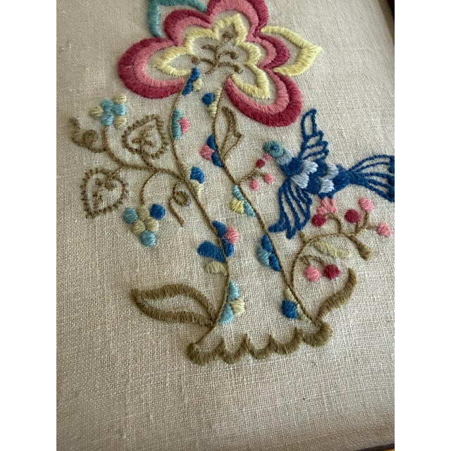 1960s Vintage Framed Crewel Floral Embroidery Blue - A Pair For Sale - Image 5 of 9