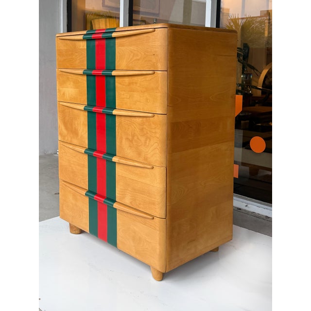 Mid-Century Modern Mid 20th Century Heywood Wakefield Tall Maple Chest, Painted Stripes. 5 Drawer For Sale - Image 3 of 9
