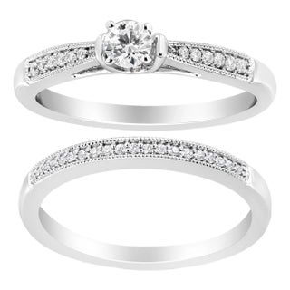 .925 Sterling Silver 1/3 Cttw Diamond Classic Engagement Ring Bridal Set with Milgrain (I-J Color, I3 Clarity) - Ring - Size 9 For Sale