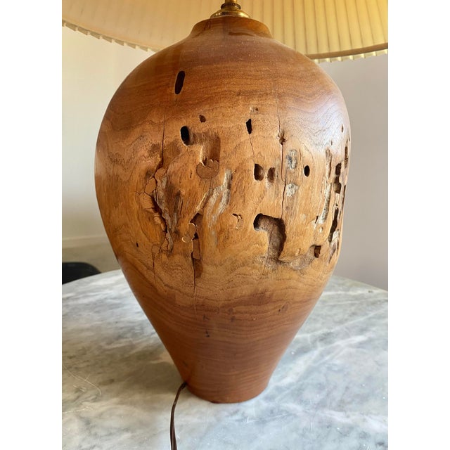 Carved Turned Wood Log Artisan Rustic Lamp + Pleated Shade For Sale - Image 17 of 18