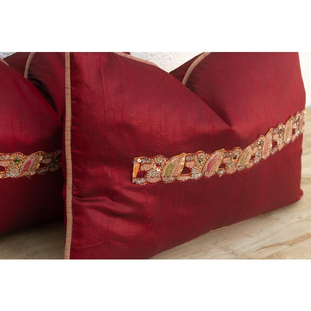 1990s Rasa Red Pair of Zardozi Pillows For Sale - Image 5 of 8