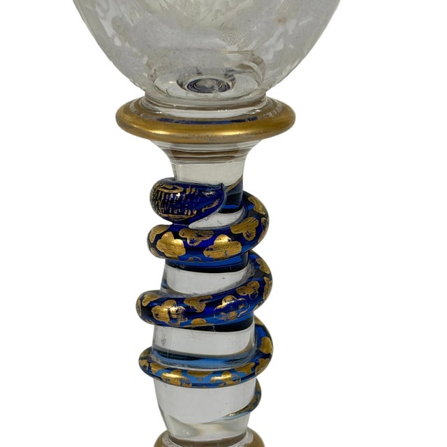 19th Century Bohemian Art Glass Wine Glasses With Cobalt Serpent Attributed to Harrach Bohemian Glass For Sale - Image 5 of 9