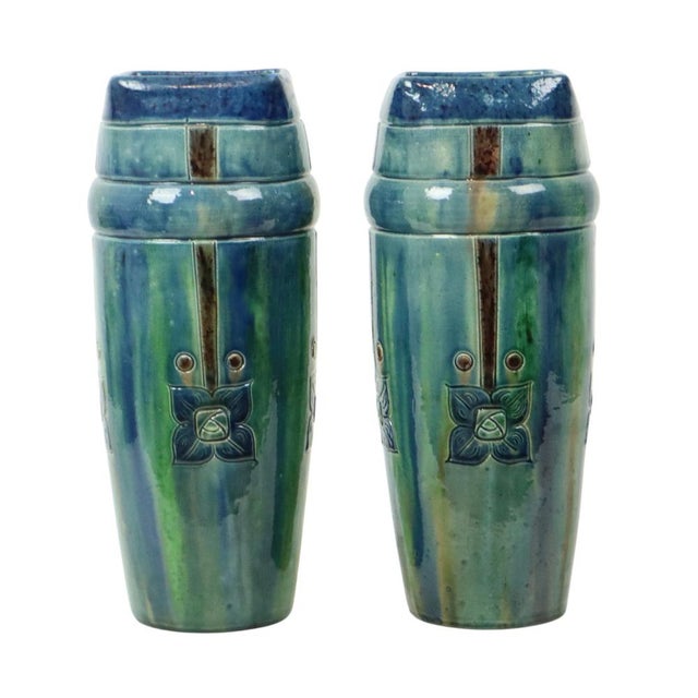 Antique Art Nouveau Flemish Blue Earthenware Vases, 1890s, Set of 2 For Sale - Image 5 of 18