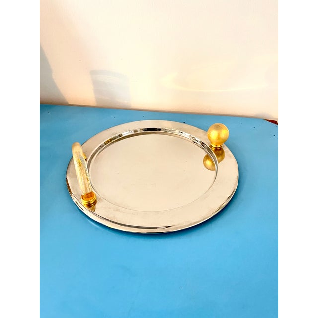 Vintage Italian Palladium-Plated Serving Tray with Murano Glass Handles, 1980s For Sale - Image 6 of 9