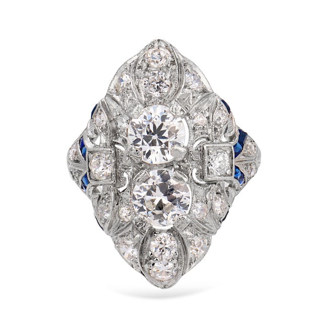 Art Deco 1920s Art Deco Old Cut Diamond Sapphire Navette Platinum Ring, Size 3 For Sale - Image 3 of 7