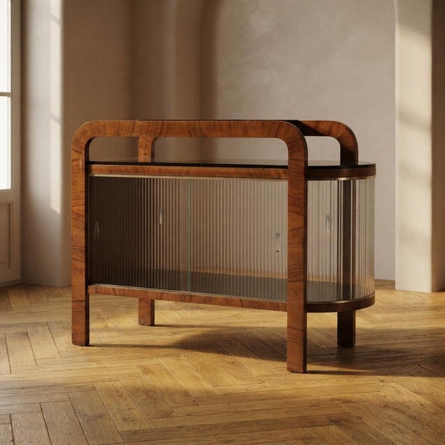 Vintage Art Deco Display Cabinet with Curved Wooden Frame and Glass Doors, 1950s For Sale - Image 10 of 10