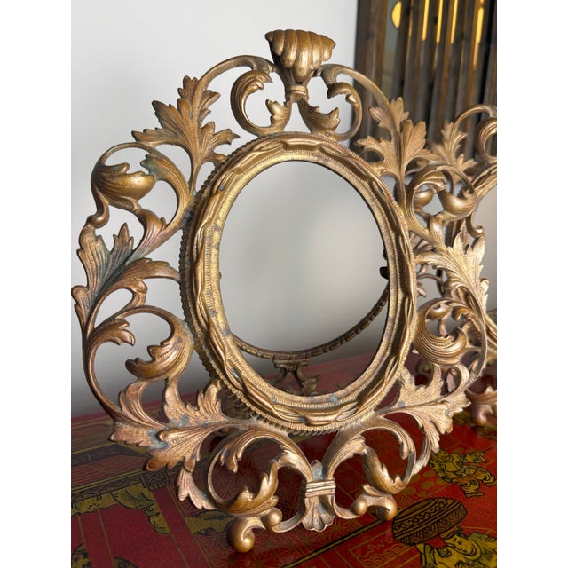 Pair of Antique Rococo Revival Brass Easel Frames Gilt Finish For Sale In Raleigh - Image 6 of 11