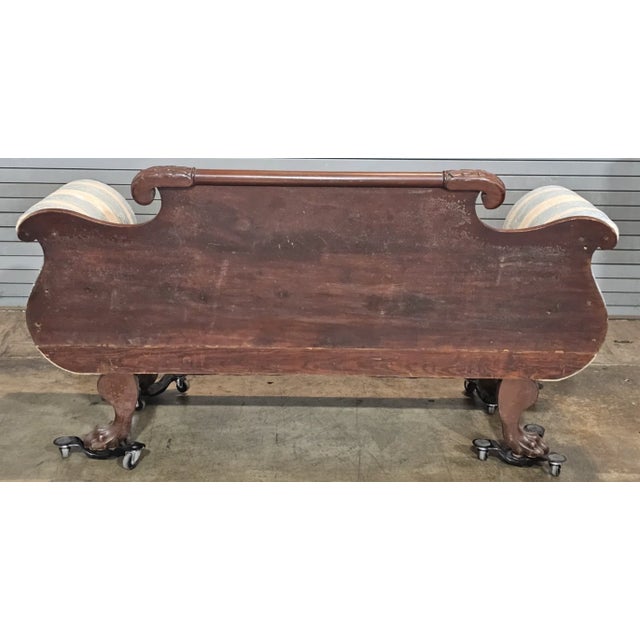 Antique American Empire Style Carved Mahogany Sofa Paw Feet Wedgewood Fabric For Sale - Image 11 of 12