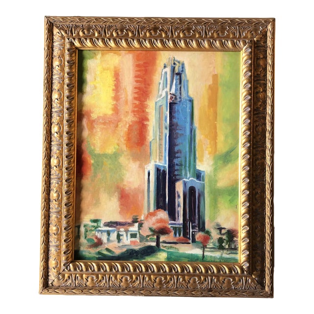 1970’s Original Modernist Painting Tower of Learning Pittsburgh Ornate Frame For Sale