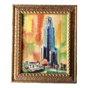 1970’s Original Modernist Painting Tower of Learning Pittsburgh Ornate Frame