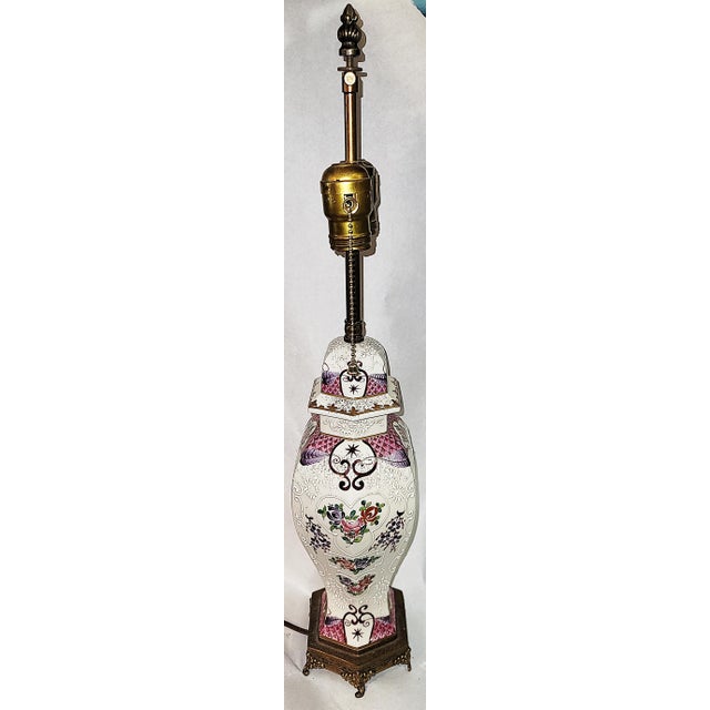 Metal 1920s Famille Rose Samson Crested Table Lamp For Sale - Image 7 of 10