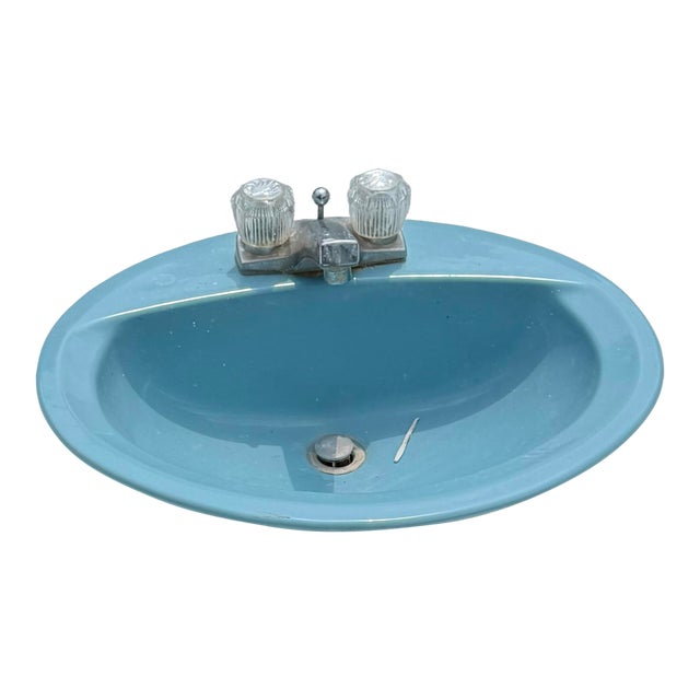 American Standard Round Blue Lavatory Drop in Sink - 1950-60's Usa For Sale