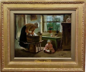 Theodore Levigne -Mother Doing Laundry by the Window-Oil Painting