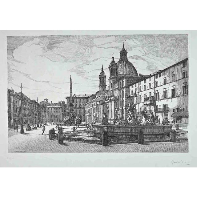 Giuseppe Malandrino, View of Piazza Navona, Original Etching, 1970s For Sale