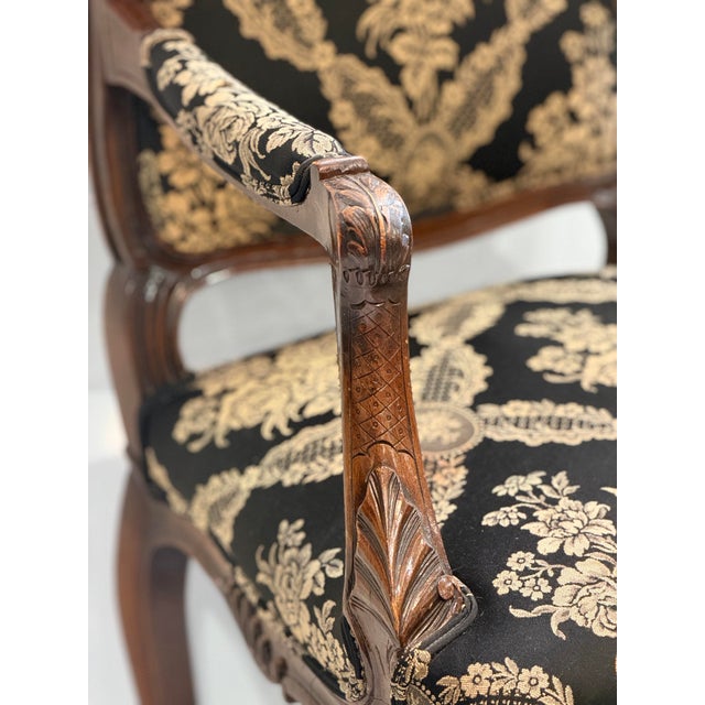 Vintage Louis XV Style Hand Carved Walnut Armchair With Black and Gold Damask Upholstery For Sale In New York - Image 6 of 10