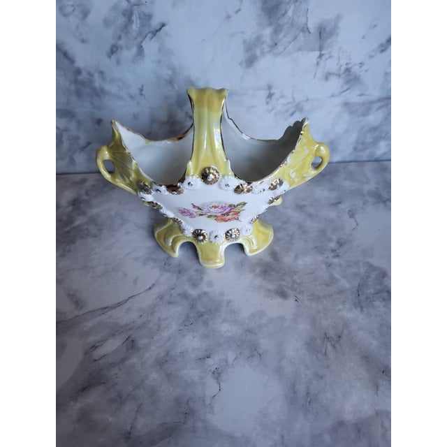 Vintage Victorian Yellow Hand Painted Porcelain Floral Twin Handled Vase. Circa Early 20th Century.