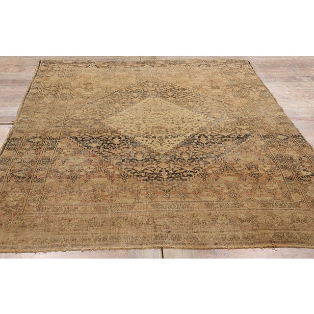 Brown Distressed Antique Persian Mahi Tabriz Rug - 04'04 X 06'06 For Sale - Image 8 of 9