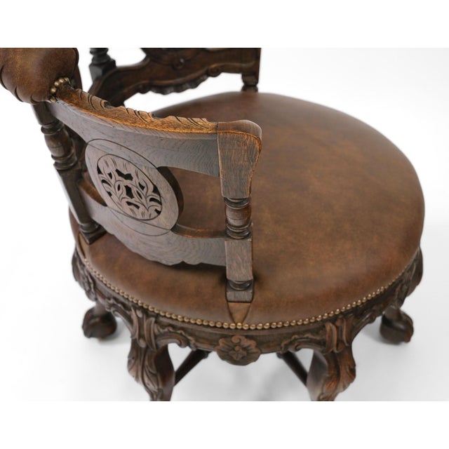 Wood 19th Century Carved Oak and Leather Burgermeister Chair For Sale - Image 7 of 14