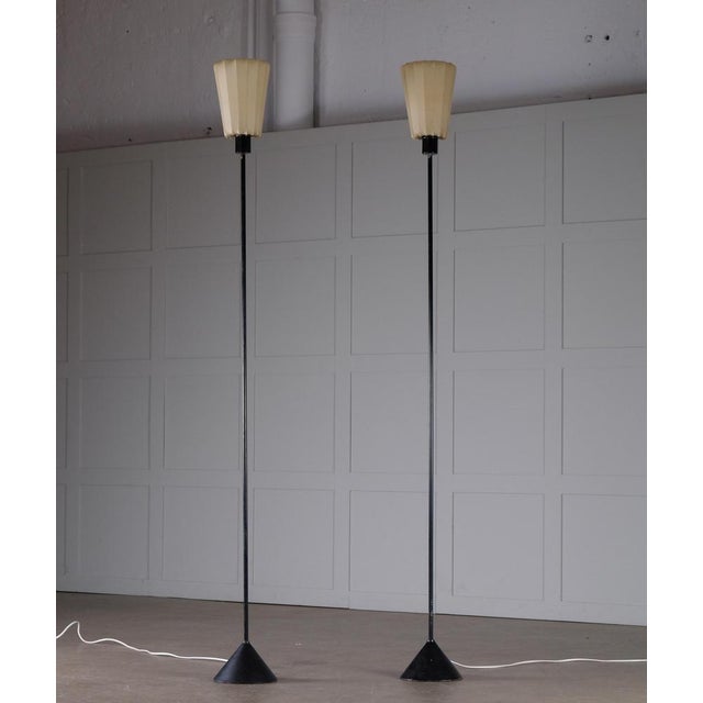 Rare pair of floor lamps model G-23 in black lacquered metal produced by Hans-Agne Jakobsson, Markaryd, Sweden, 1950s....