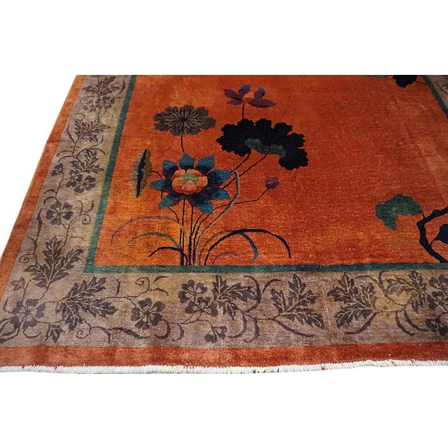 1920s Orange Floral Modern Antique Chinese Art Deco Rug 7' 10"x11' 6" Hand Knotted Carpet For Sale - Image 4 of 6