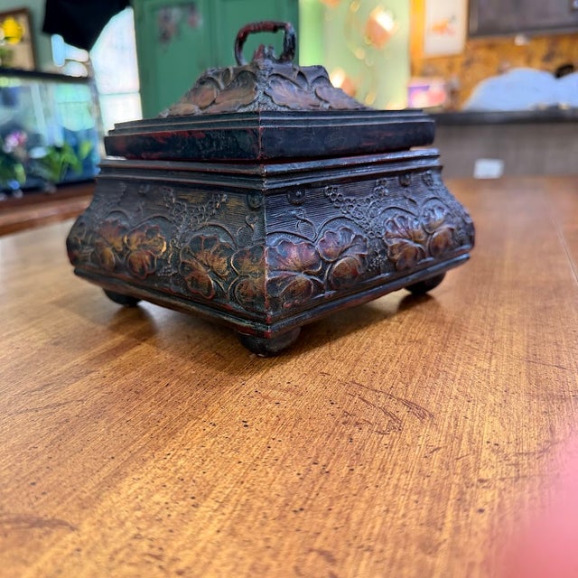 Brown Vintage Style Carved Floral Jewelry Box Red Velvet Lined Footed Trinket Chest For Sale - Image 8 of 11