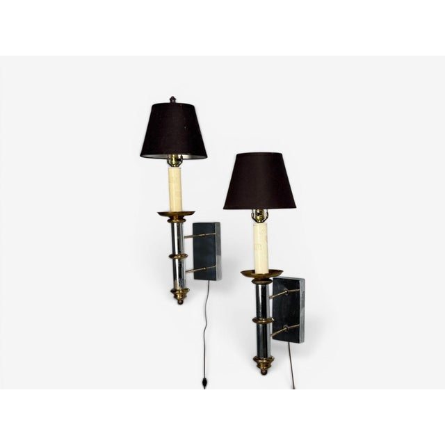 Tommi Parzinger, Large Wall Sconces, Chromed Steel, Brass, Fabric, Usa, 1950s For Sale - Image 4 of 11