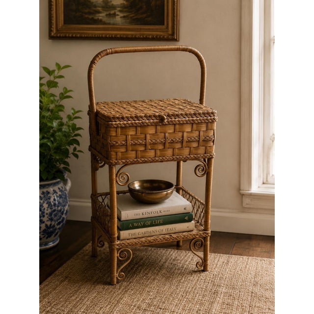 This authentic 1900s Heywood Brothers & Wakefield Co. floor-standing wicker sewing basket stand features intricate woven...