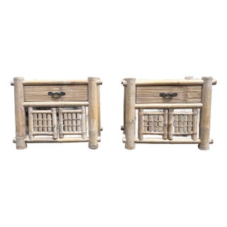 Boho Chic Chunky Bamboo Wicker Nightstands - A Pair For Sale