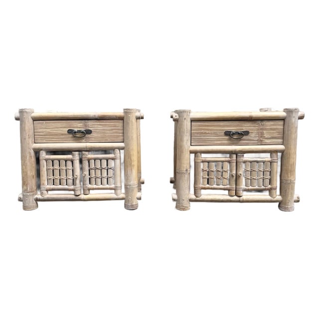 Boho Chic Chunky Bamboo Wicker Nightstands - A Pair For Sale