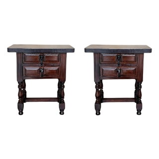 Early 20th Century Pair of Spanish Nightstands with Two Drawers and Iron Hardware For Sale