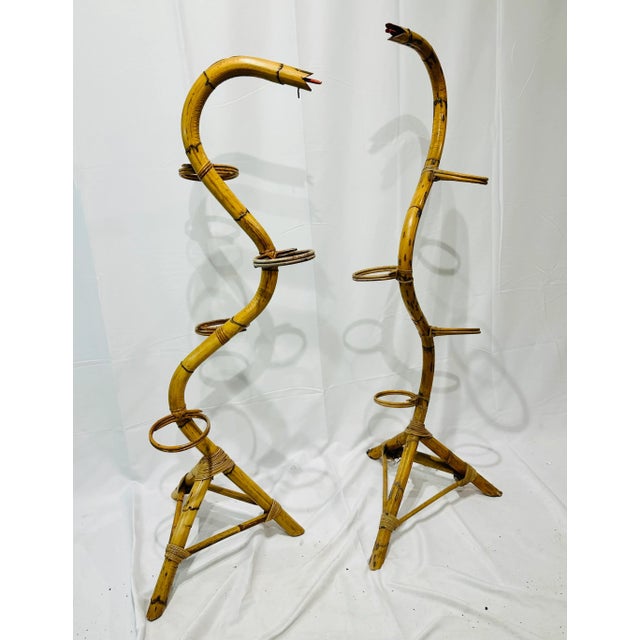 Wood Pair Vintage Italian Rattan & Bamboo “Snake” Plant Stands For Sale - Image 7 of 10