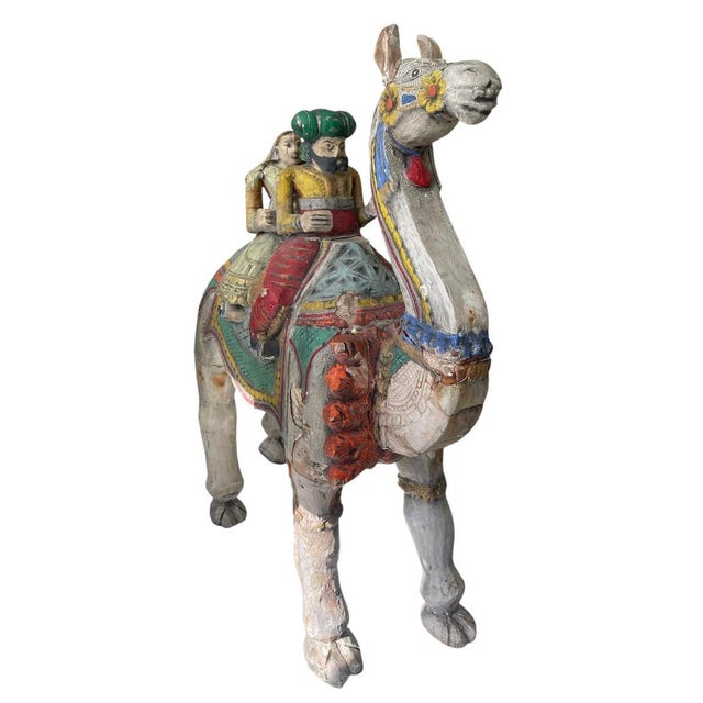 Folk Art Vintage Indian Folk Art Polychrome Carved Wood Camel With Riders For Sale - Image 3 of 12