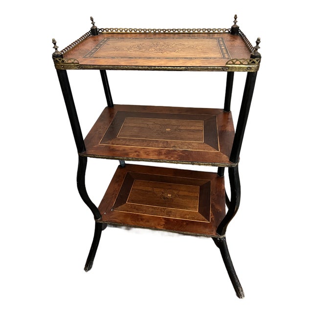 18th Century French Louis XVI 3-Tier Marquetry Inlaid Table Etagère With Ebonized Legs For Sale
