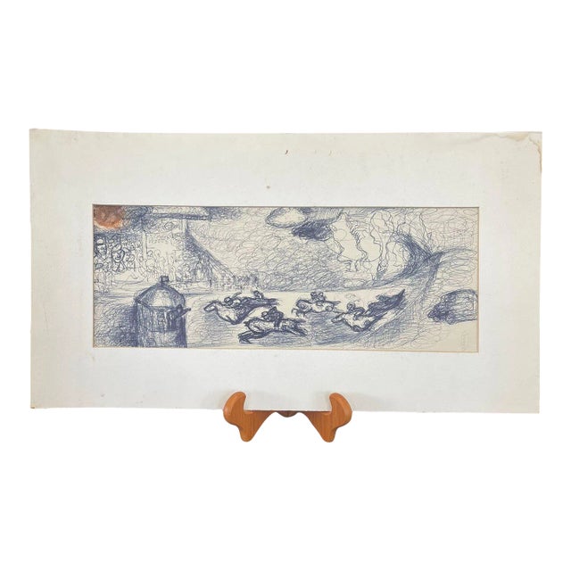 Vintage Signed Abstract Ink Drawing of Horse Race For Sale