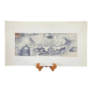 Vintage Signed Abstract Ink Drawing of Horse Race