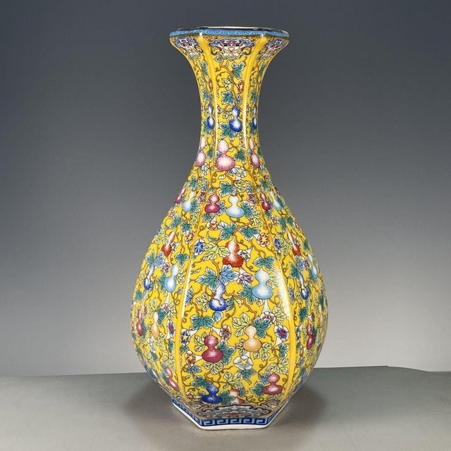 Mid 20th Century Chinese Yellow Ground Famille Rose Porcelain Hexagonal Vase With Gourd Motif For Sale - Image 5 of 9