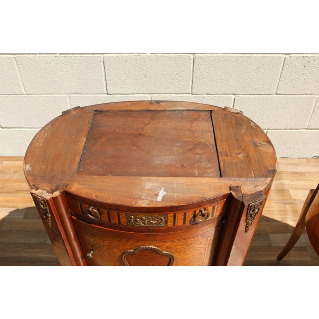 Pair Antique French Louis XV Style Marble Top Inlaid Wood Nightstands, Circa 1940s For Sale - Image 17 of 18
