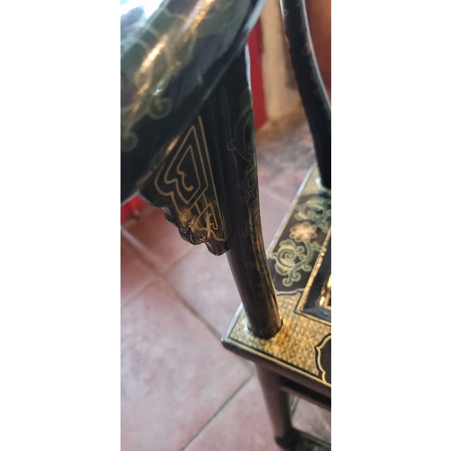 Chinese Horseshoe Chairs Black Lacquer Hand Painted Pair For Sale - Image 11 of 13