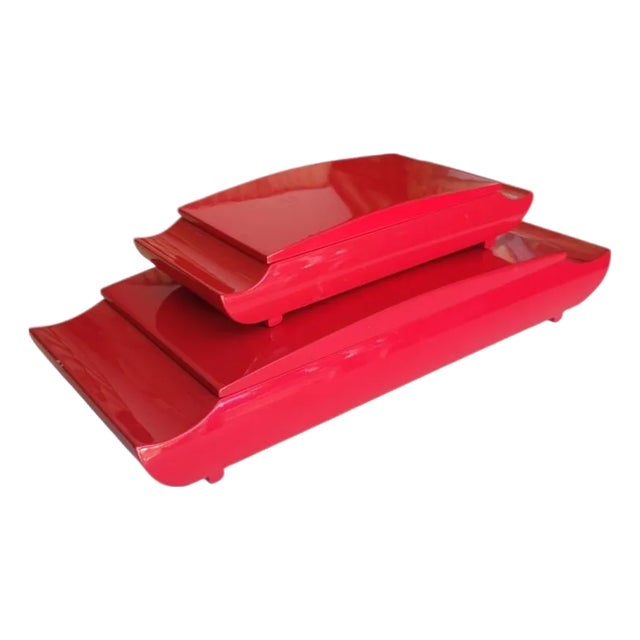 Vintage Red Lacquered Pagoda Chinoiserie Shaped Chinese Red Storage Boxes Set 2 For Sale