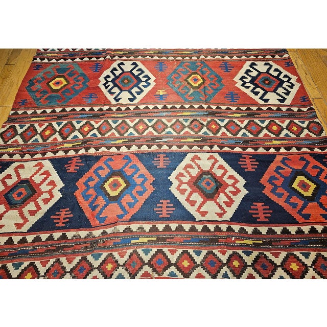 19th Century Caucasian Kazak Kilim, Geometric Pattern, Wool Flatweave, Blue & Green, 7' X 12' For Sale - Image 13 of 18